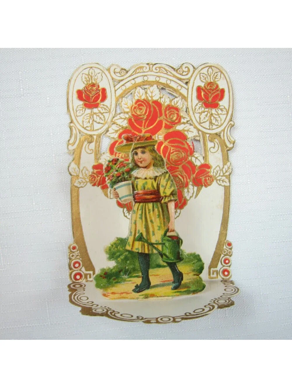 Vintage Valentine Pop Up 3D Pull Down Die Cut Girl Red Rose Watering Can Germany